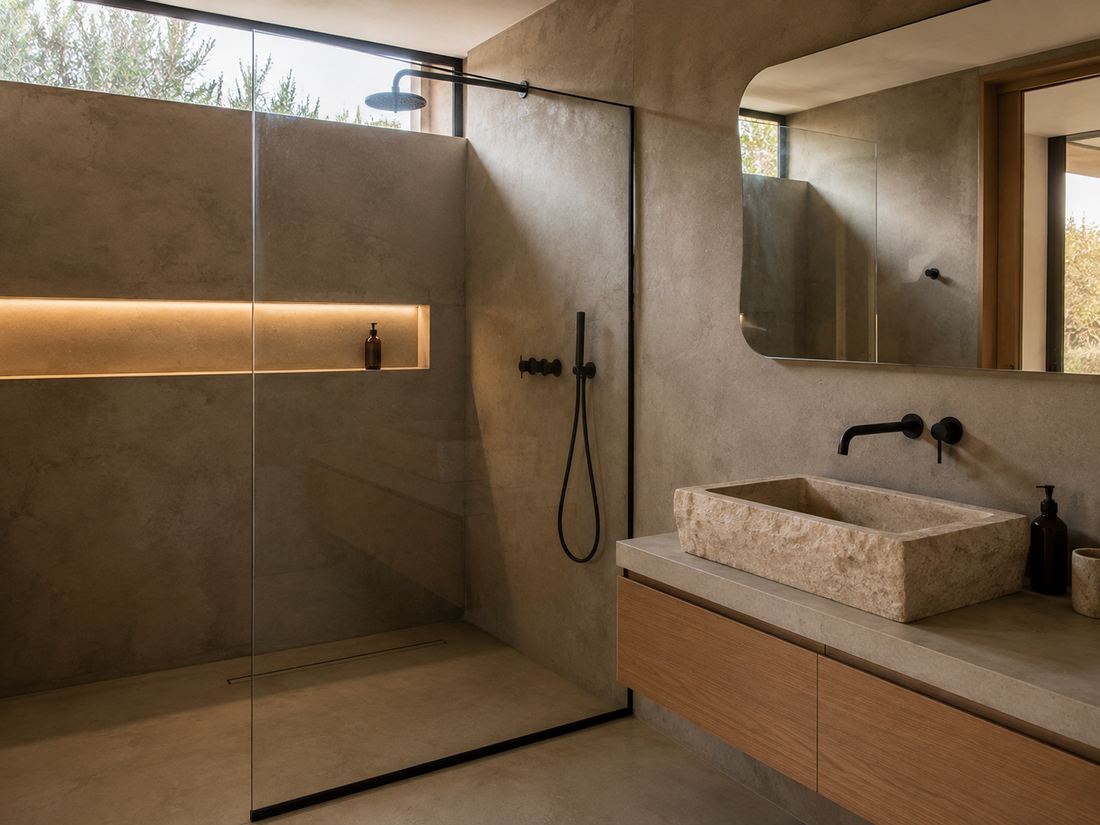 Séjour contemporain en béton ciré à Marrakech
